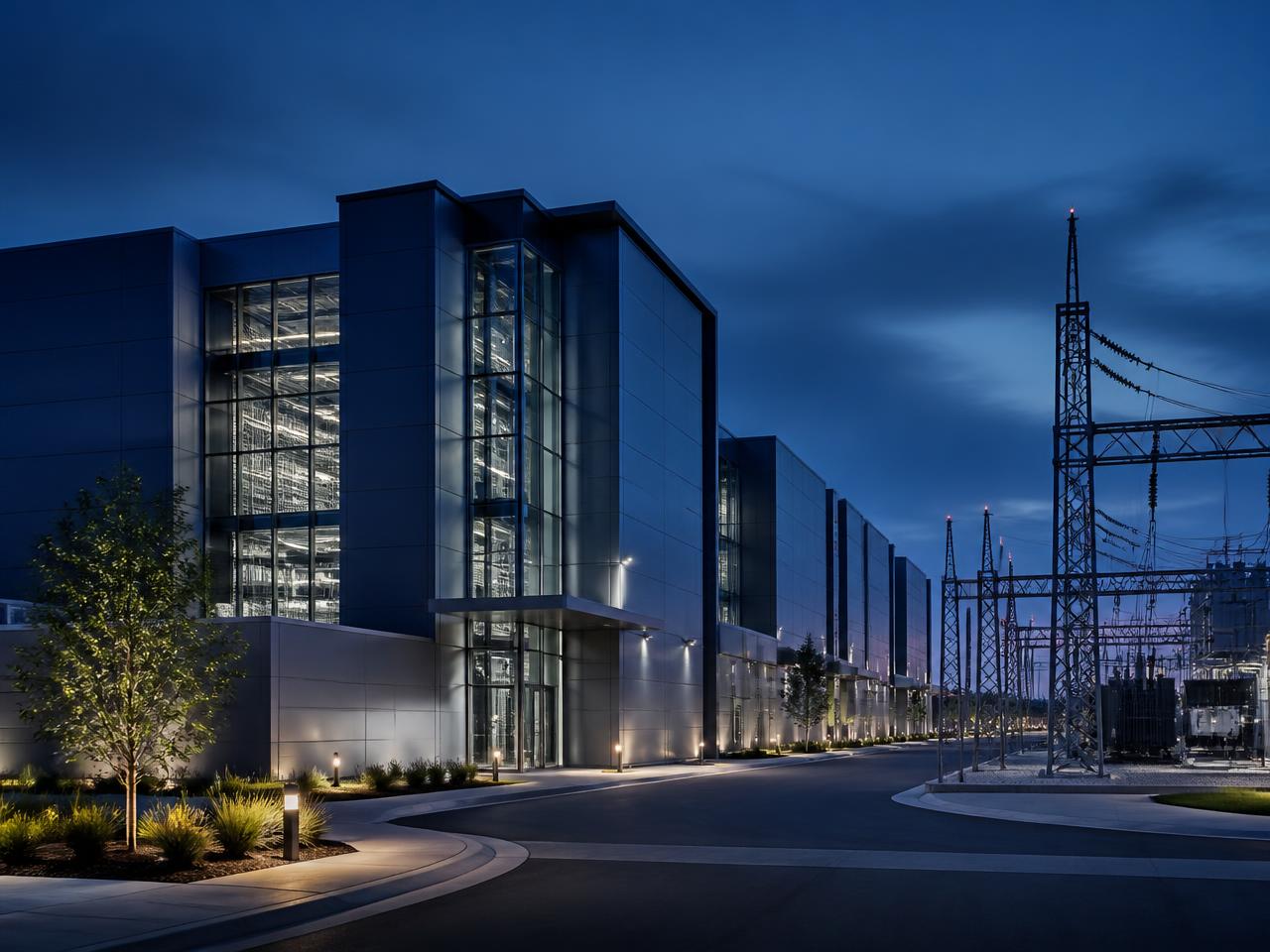 Data center campus adjacent to electrical substation infrastructure at dusk