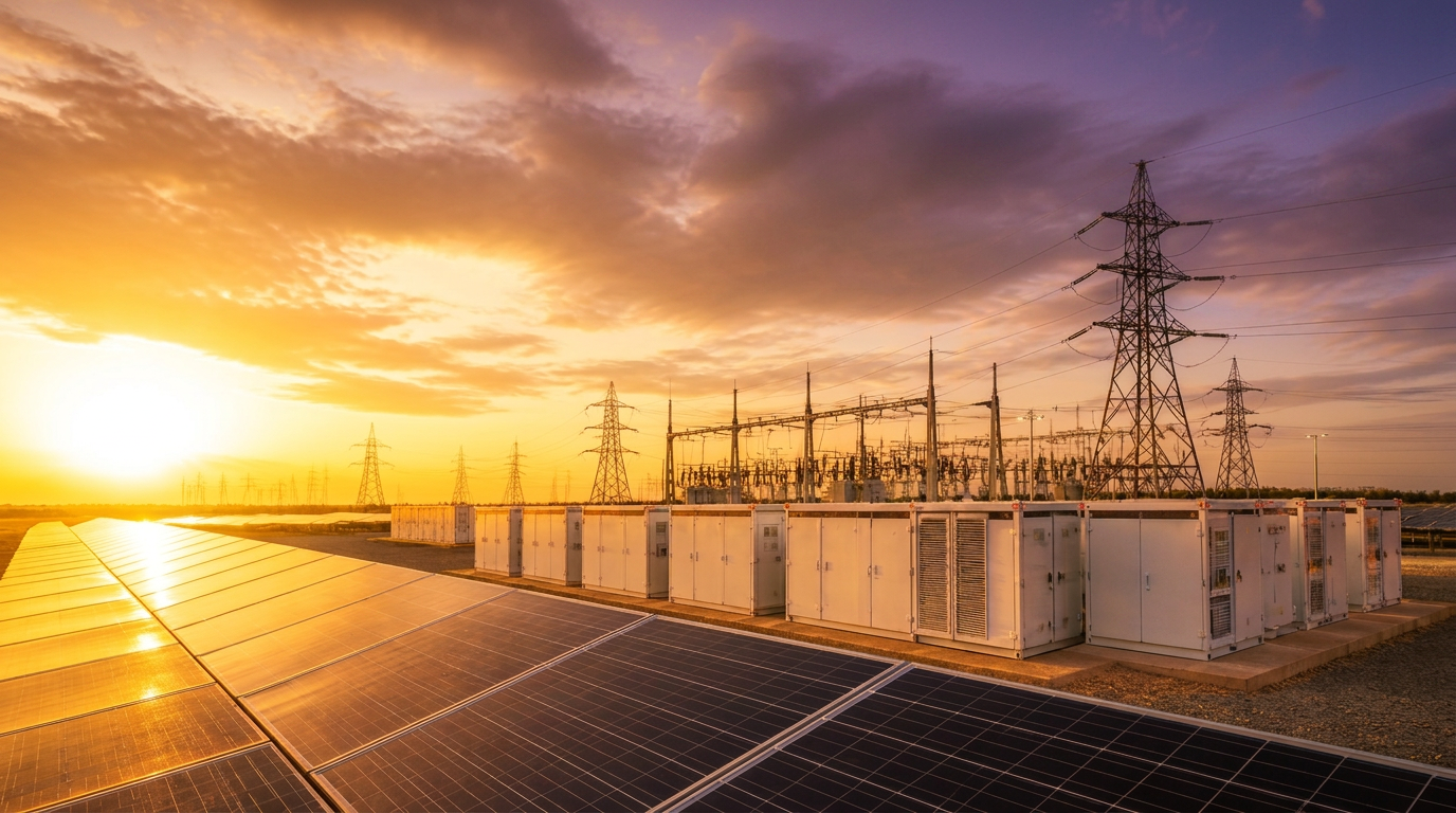 Utility-scale solar array with containerized battery energy storage and substation at dusk